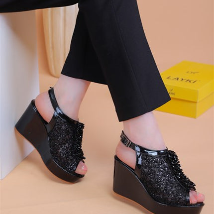 Bross Siyah Renk Taşlı Bayan Sandalet