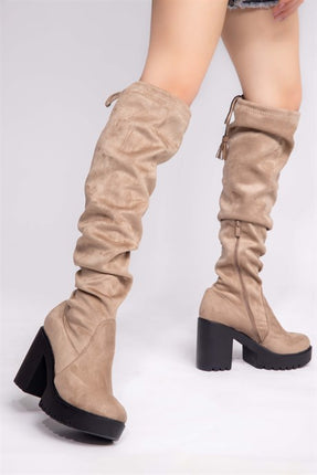 İnolyan Bej Renkli Süet Deri Uzun Çizme