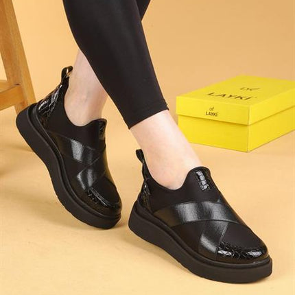 Nesica Siyah Renkli Krok Deri Lastikli Paraşüt Kumaş Yürüyüş Ayakkabısı