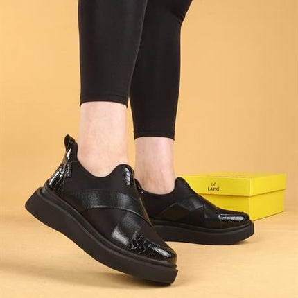 Nesica Siyah Renkli Krok Deri Lastikli Paraşüt Kumaş Yürüyüş Ayakkabısı