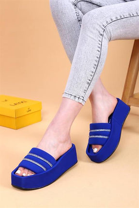 Olga Mavi Renkli Yüksek Taban Taşlı Detaylı Lüx Terlik