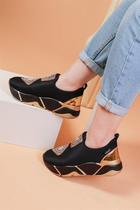 İmmobile Altın Renkli Önü Parlak Taşlı Paraşüt Kumaş Lux Kadın Spor Ayakkabı