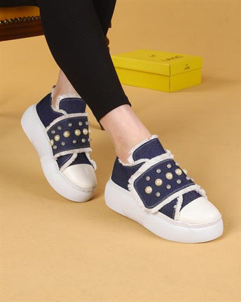 Moly Keten Mavi Renkli Günlük Taşlı Yürüyüş Ayakkabı