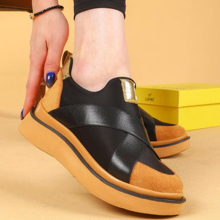 Nesica Siyah Ve Taba Renkli Lastikli Paraşüt Kumaş Yürüyüş Ayakkabısı