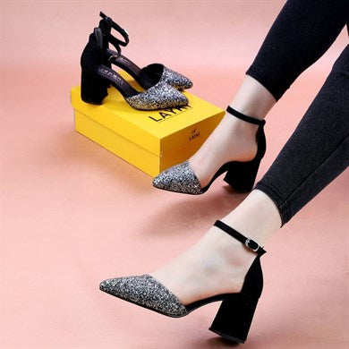 William Siyah Renkli Kısa Topuklu Taşlı Kadın Topuklu Ayakkabı