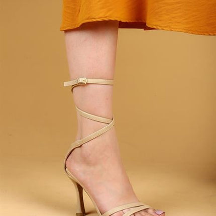 Stellar Bej Renkli Bağlamalı Yüksek Topuklu Ayakkabı