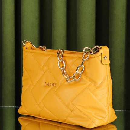 Cesato Sarı Renkli Fermuarlı 3 Bölmeli Yumuşak Deri Kadın El Çantası