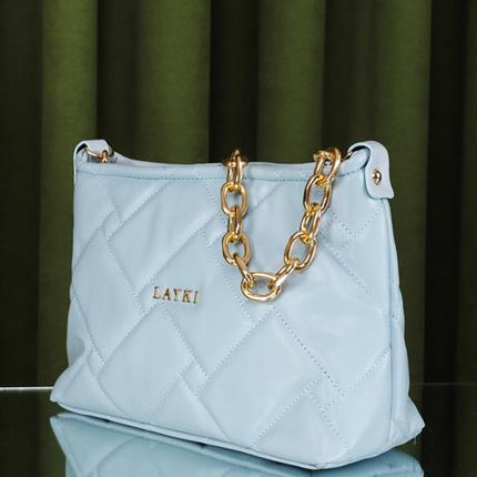 Cesato Açık Mavi Renkli Fermuarlı 3 Bölmeli Yumuşak Deri Kadın El Çantası