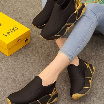 Lussi Siyah - Gold Renkli Taban Paraşüt Kumaş Lux Kadın Spor Ayakkabı