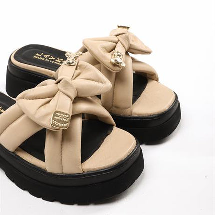 Cesa Bej Renkli Mat Deri Kurdela Detaylı Taşlı Kadın Terlik