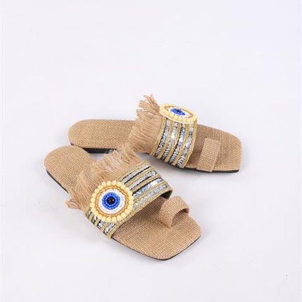 Clesse Bej Renkli Hasır Taşlı Terlik