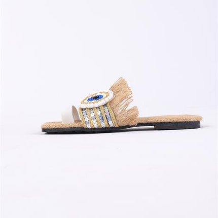 Clesse Beyaz Renkli Hasır Taşlı Terlik