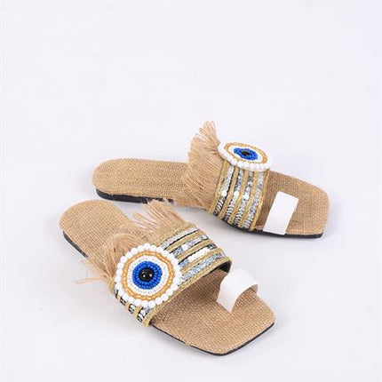 Clesse Beyaz Renkli Hasır Taşlı Terlik