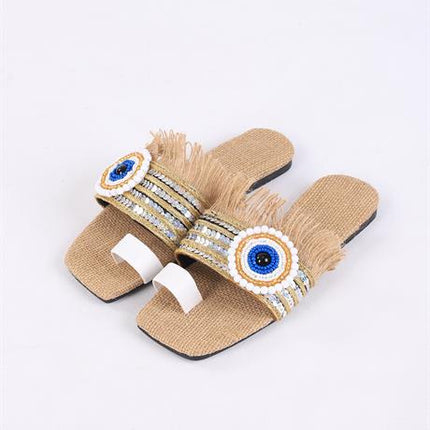 Clesse Beyaz Renkli Hasır Taşlı Terlik