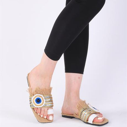 Clesse Beyaz Renkli Hasır Taşlı Terlik