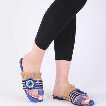 Clesse Mavi Renkli Hasır Taşlı Terlik