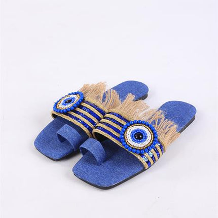 Clesse Mavi Renkli Hasır Taşlı Terlik