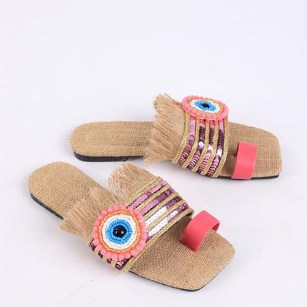 Clesse Pembe Renkli Hasır Taşlı Terlik