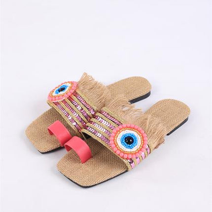 Clesse Pembe Renkli Hasır Taşlı Terlik