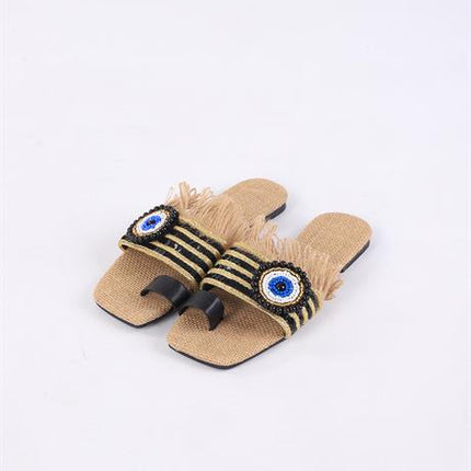 Clesse Siyah Renkli Hasır Taşlı Terlik