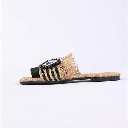 Clesse Siyah Renkli Hasır Taşlı Terlik