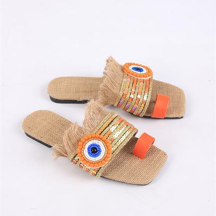 Clesse Turuncu Renkli Hasır Taşlı Terlik