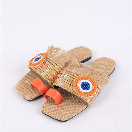 Clesse Turuncu Renkli Hasır Taşlı Terlik