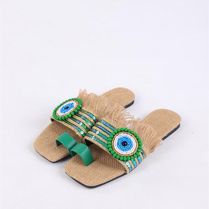 Clesse Yeşil Renkli Hasır Taşlı Terlik