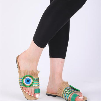 Clesse Yeşil Renkli Hasır Taşlı Terlik