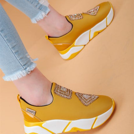 İmmobile Sarı Renkli Önü Parlak Taşlı Paraşüt Kumaş Lux Kadın Spor Ayakkabı
