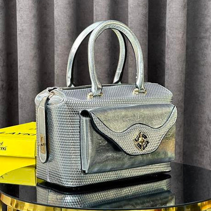 Croco Gümüş Renkli 5 Bölmeli Krok Deri Kadın Çanta