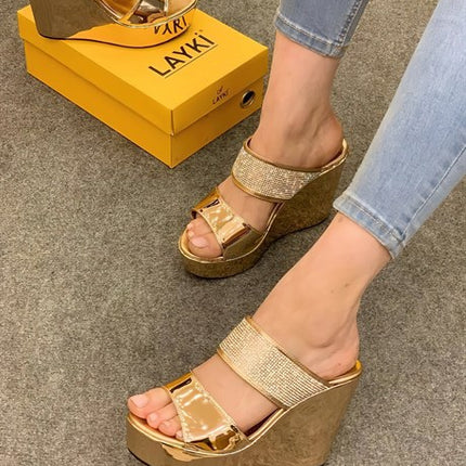 Mariachi Gold Renkli İki Kemerli Parlak Taşlı Kadın Topuklu Ayakkabı