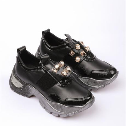 Corkas Siyah Renkli Taşlı Platin Renkli Tabanlı Kadın Spor Yürüyüş Ayakkabısı