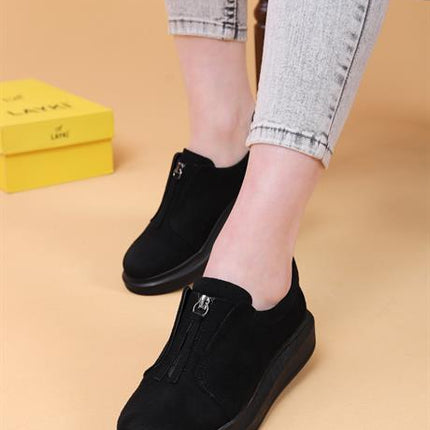 Treder Siyah Renkli Süet Deri Önü Fermuarlı Kadın Yürüyüş Ayakkabı