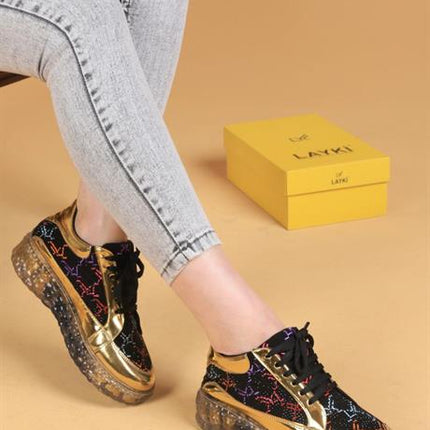 Andrea Taşlı Desenli Şeffaf Taban Siyah Renkli Kadın Sneaker