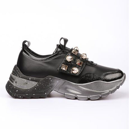 Corkas Siyah Renkli Taşlı Platin Renkli Tabanlı Kadın Spor Yürüyüş Ayakkabısı