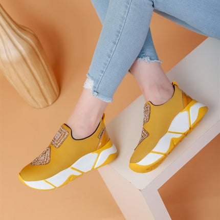 İmmobile Sarı Renkli Önü Parlak Taşlı Paraşüt Kumaş Lux Kadın Spor Ayakkabı