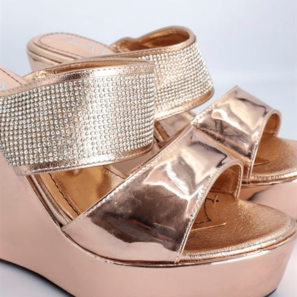 Mariachi Gold Renkli İki Kemerli Parlak Taşlı Kadın Topuklu Ayakkabı