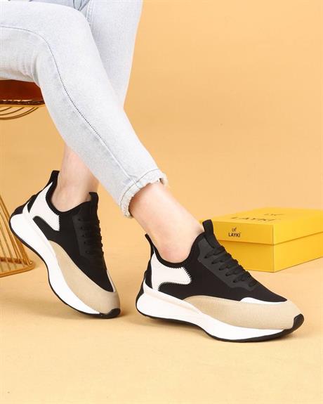 Dracia Siyah&Bej Renkli Lüx Süet Kadın Günlük Yürüyüş Ayakkabısı