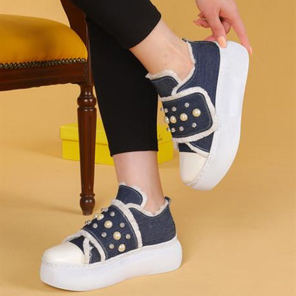 Moly Keten Mavi Renkli Günlük Taşlı Yürüyüş Ayakkabı