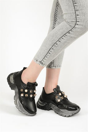 Corkas Siyah Renkli Taşlı Platin Renkli Tabanlı Kadın Spor Yürüyüş Ayakkabısı