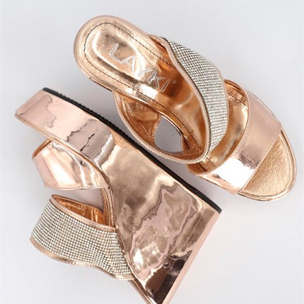 Mariachi Gold Renkli İki Kemerli Parlak Taşlı Kadın Topuklu Ayakkabı