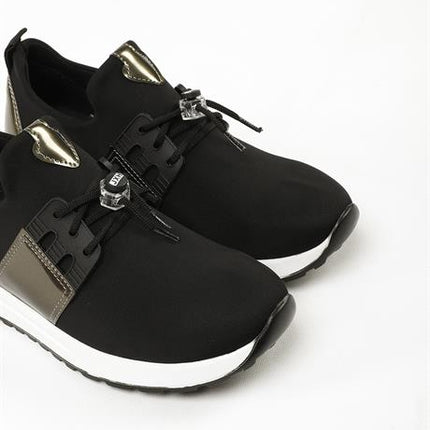 Mista Siyah Platin Renkli Streç Deri Günlük Kullanım Rahat Yürüyüş Kadın Spor Ayakakbı